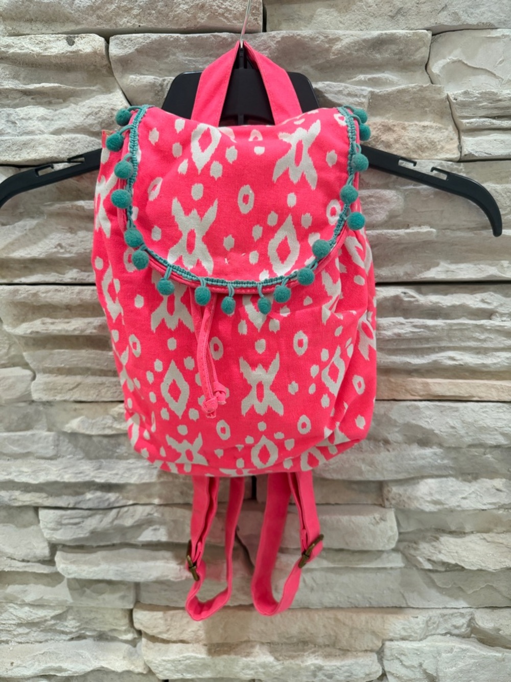 Pink Ikat Pom-Pom Canvas Backpack